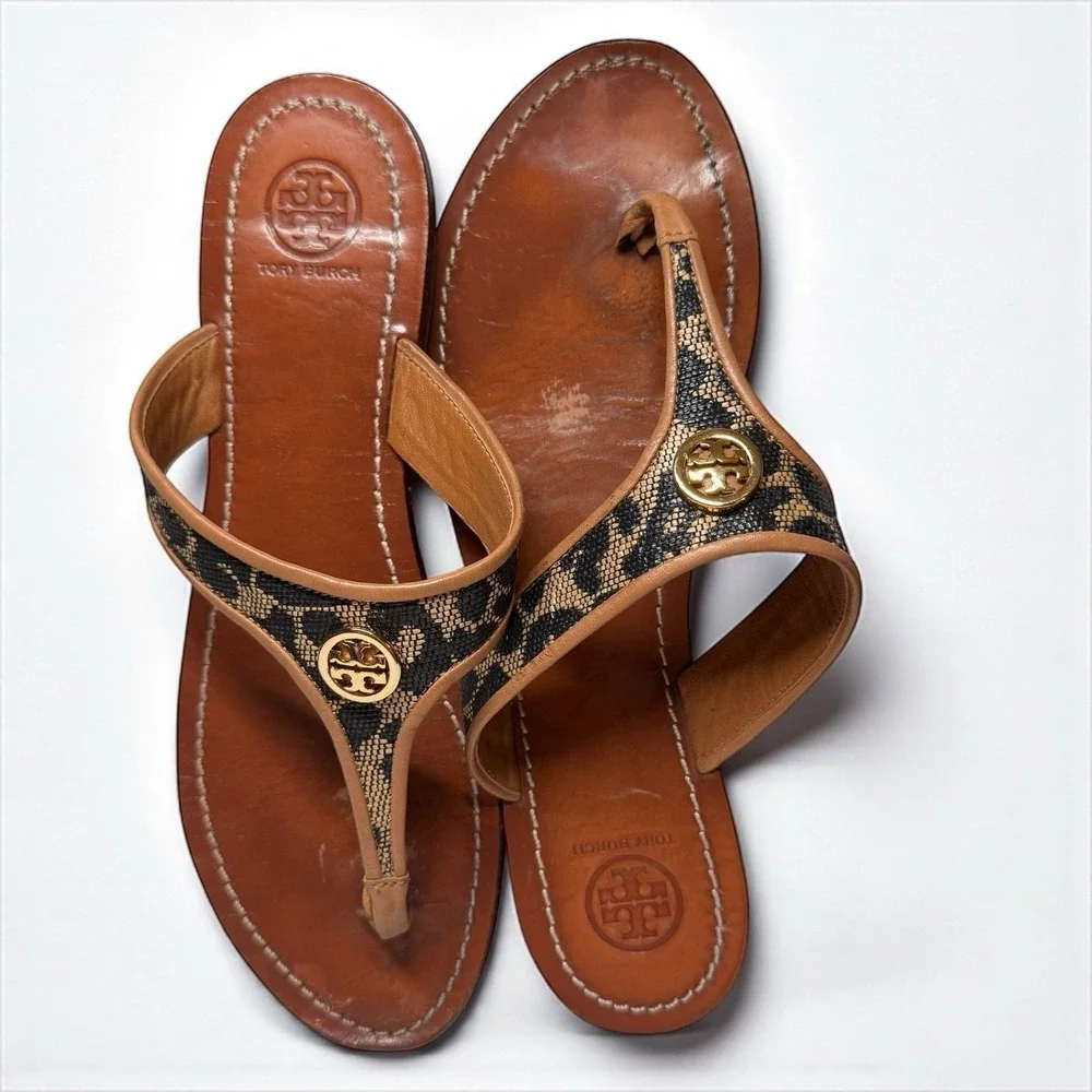 TORY BURCH Cameron Black Leopard Print Gold Logo Sandals Women's Size 9